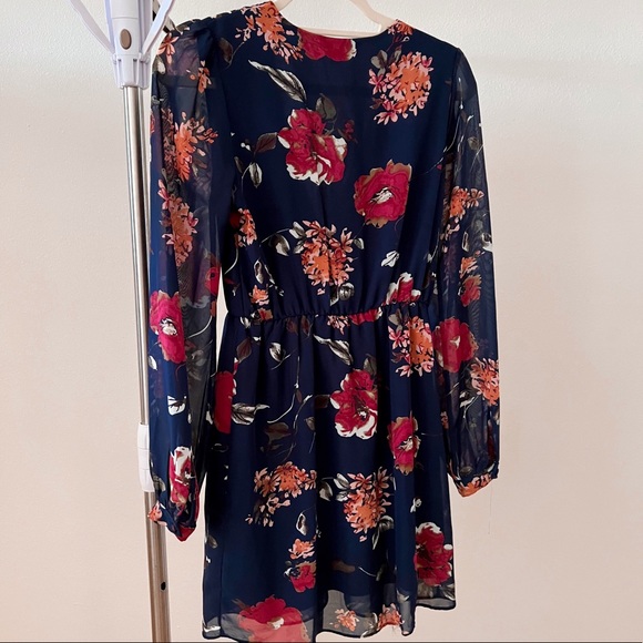 Lulus Navy Blue Floral Long Sleeve Faux-Wrap Dress | Size Small - Picture 2 of 4